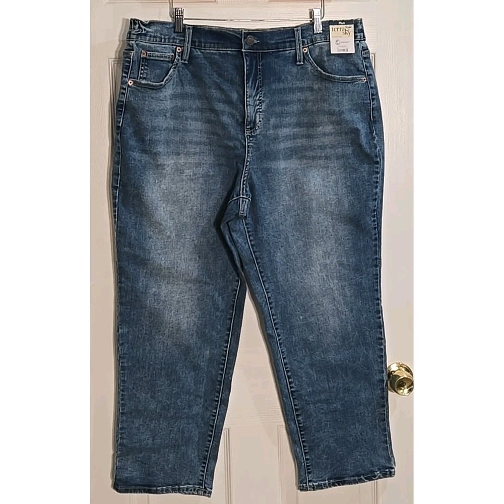 Terra & Sky Jeans 1X High Rise Crop Straight Leg 16-18 Medium Acid Wash NEW